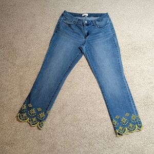 crown & ivy Denim Flare Jeans with Yellow Hem Detail